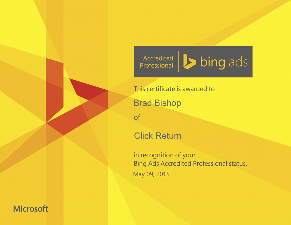 Click Return Director, Bradley Bishop, passed his Bing exam yesterday