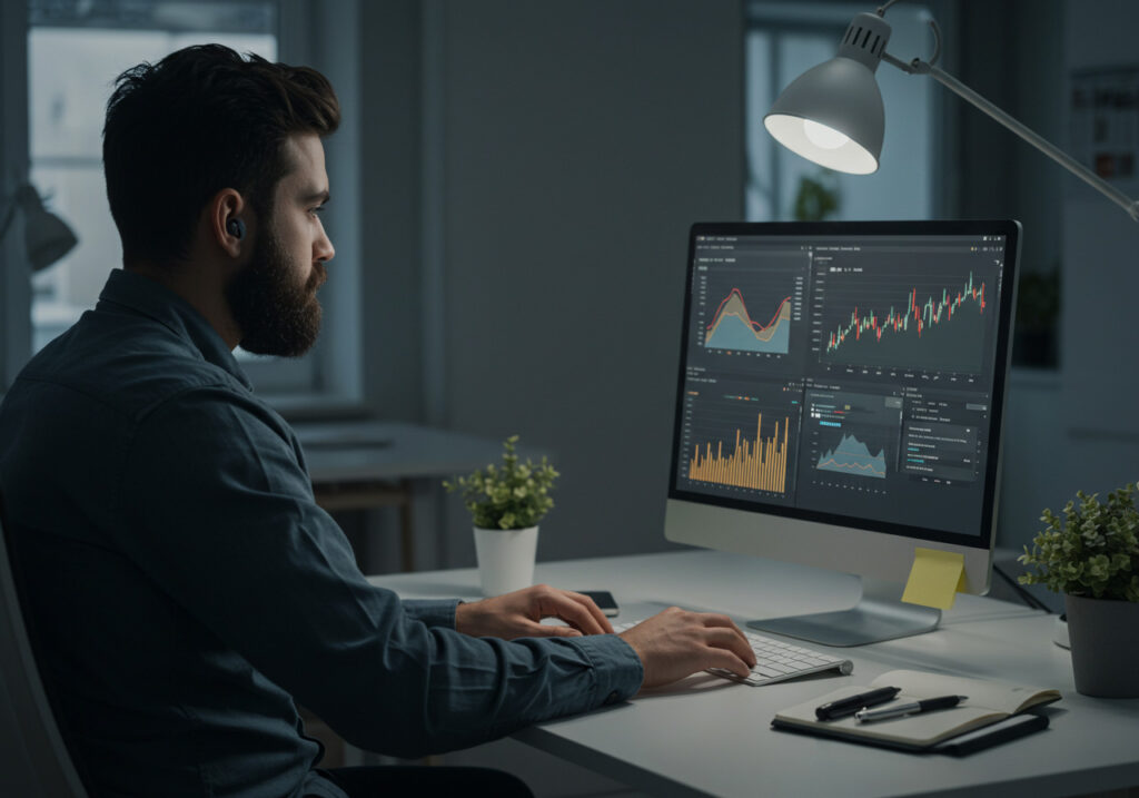 Man working on analytics on computer
