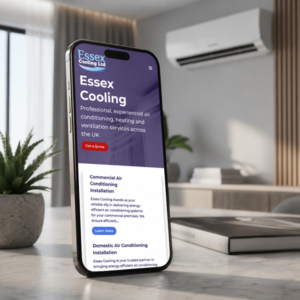 Essex cooling Limited air-conditioning installers website displayed on mobile device