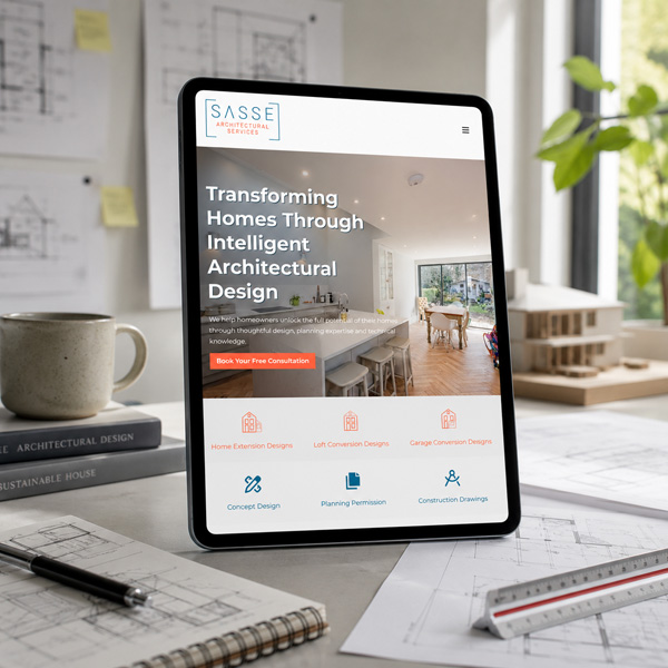 SASSE architectural services website displayed in portrait on tablet