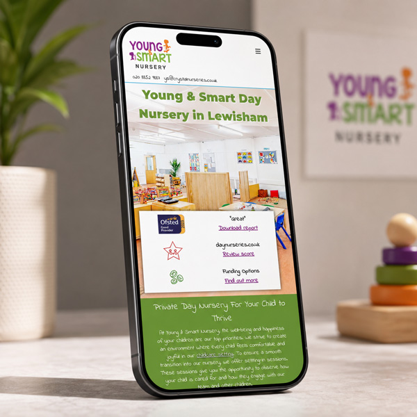 young-and-smart-day-nursery-3-mobile_1 Young and smart nursery website displayed on mobile device